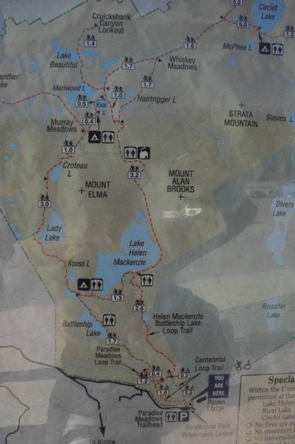 O mapa das trilhas no Forbidden Plateau, a parte alta do Strathcona Provincial Park, em Vancouver Island, oeste do Canadá